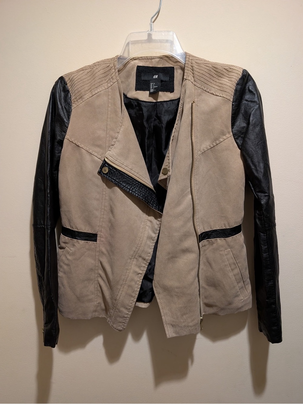 H&M Taupe Body with Black Faux-Leather Sleeve Moto Jacket